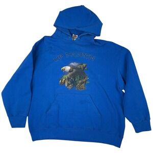Vintage Fruit of the Loom Mens Wildlife Graphic Hoodie Size 2XL Blue Y2K Outdoor